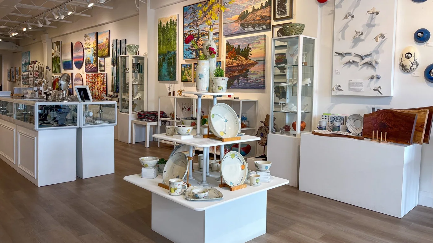 Artwork and objects displayed inside Blue Crow Gallery