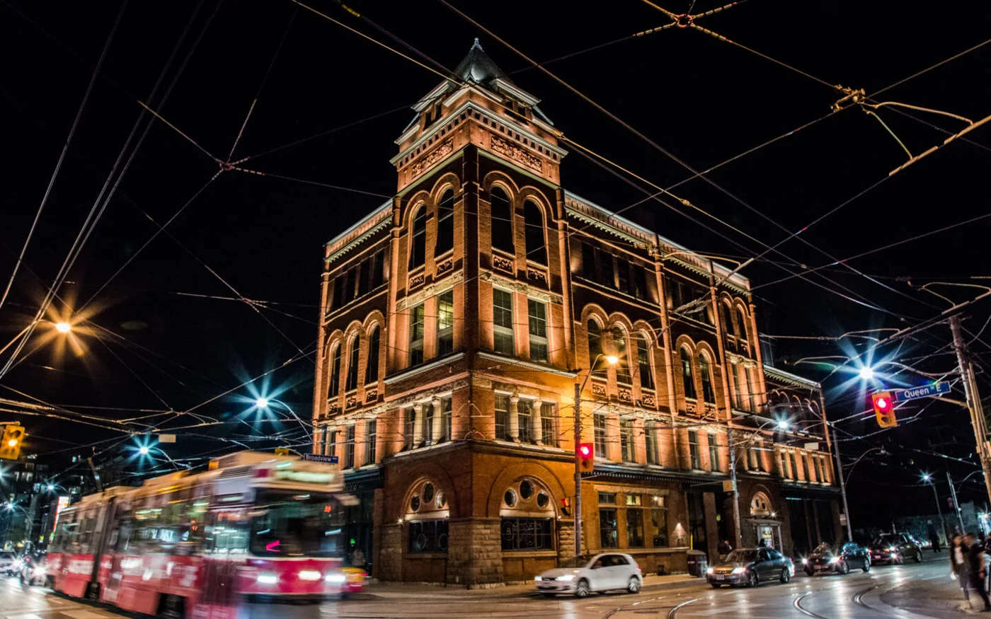 The Broadview Hotel at Queen Street East after dark