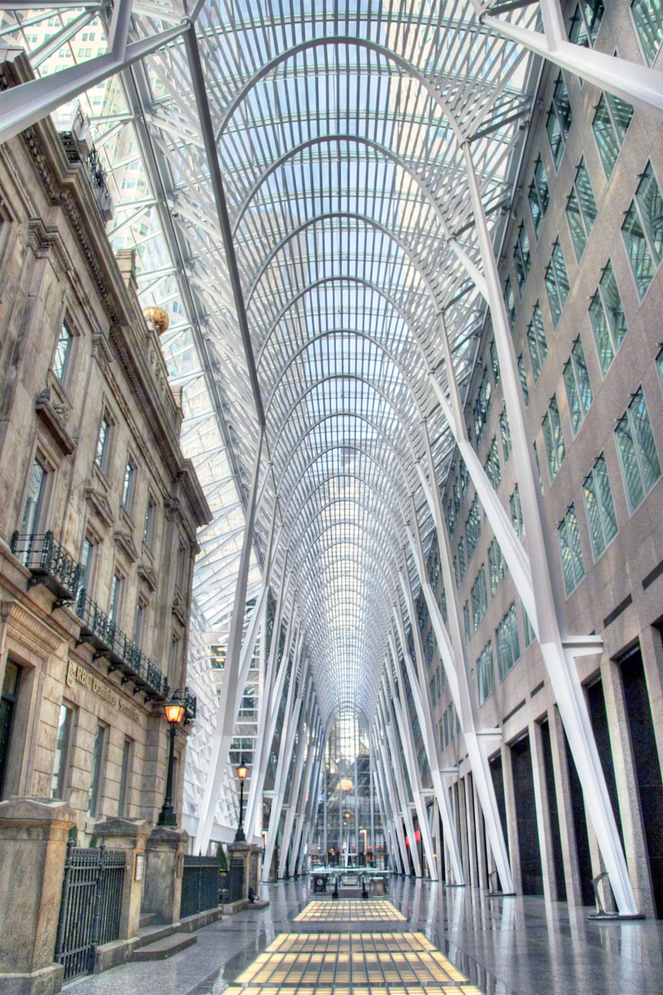 The tall glass and steel atrium inside Brookfield Place