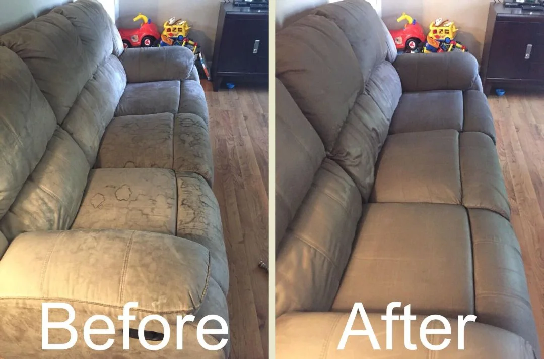 Carpet Steam’s before-and-after comparison of a sofa