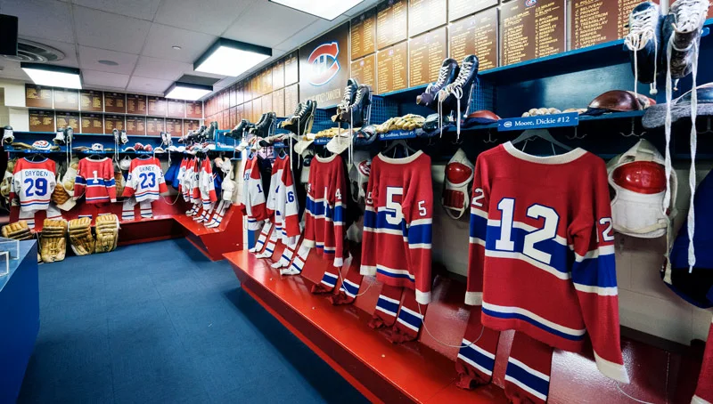 Jerseys in the Hockey Hall of Fame’s replica Canadiens dressing room