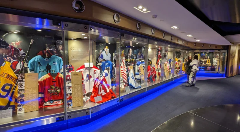 Women’s hockey displays in a long gallery at the Hockey Hall of Fame