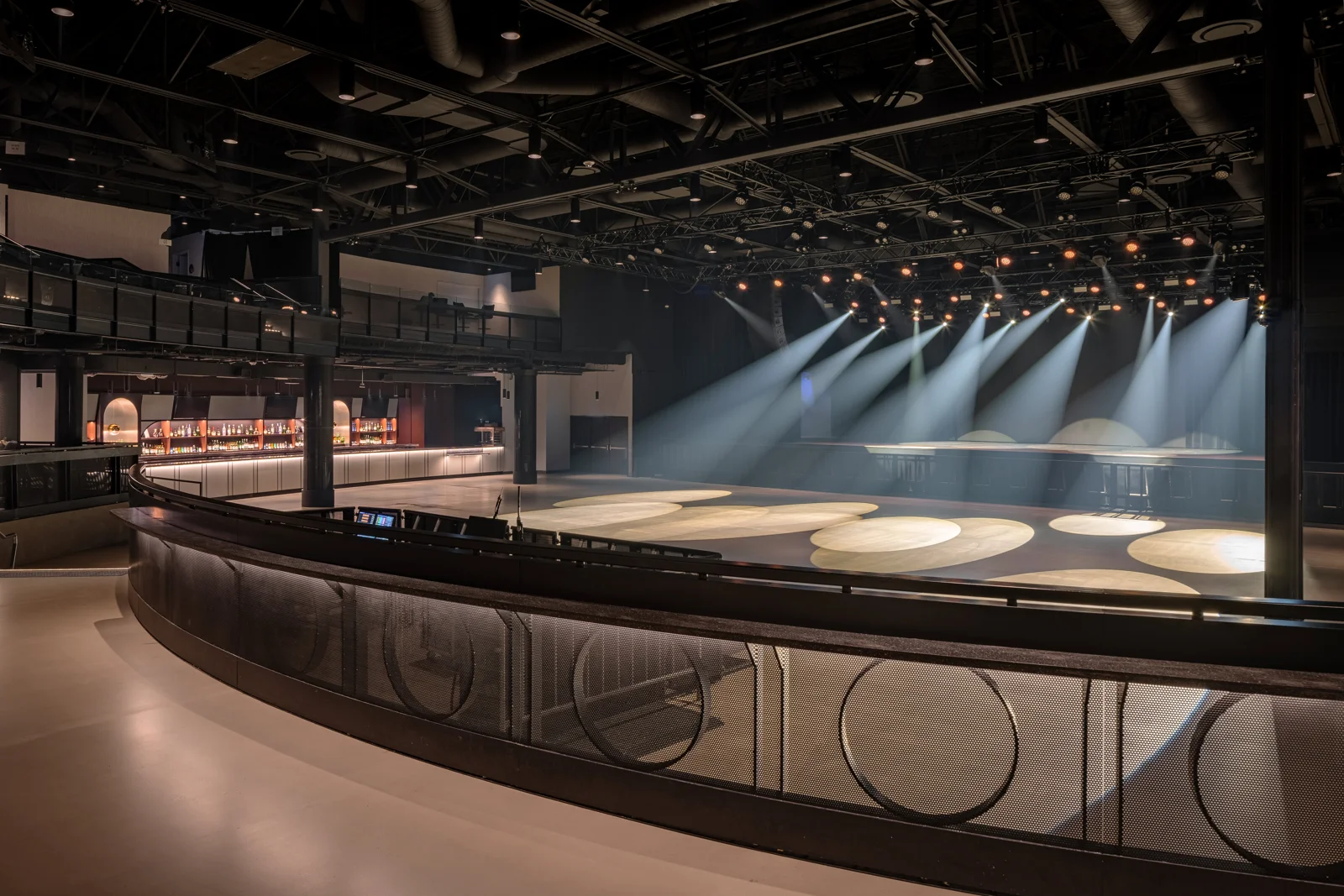 View across the HISTORY floor toward its stage