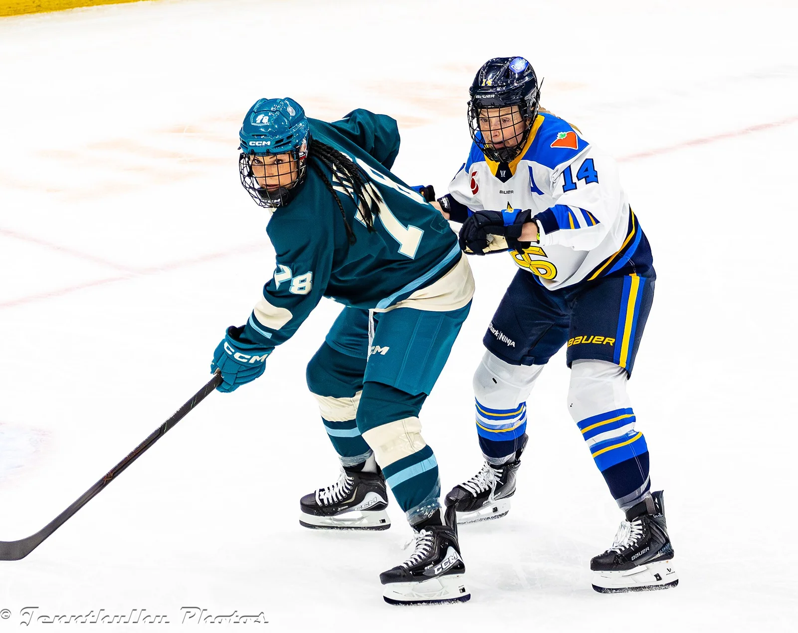 Lexie Adzija and Renata Fast competing for the puck