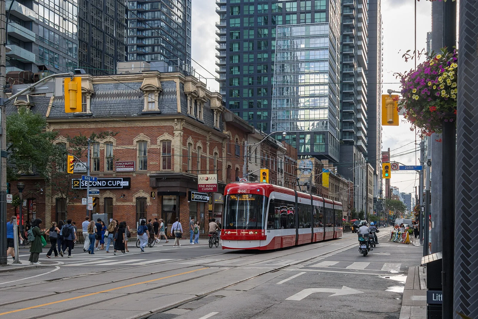 A streetcar on King Street West near John Street in August 2026