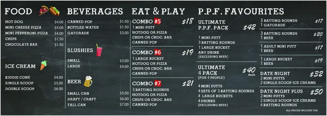 Pickering Playing Fields price board with batting, mini-putt and food packages