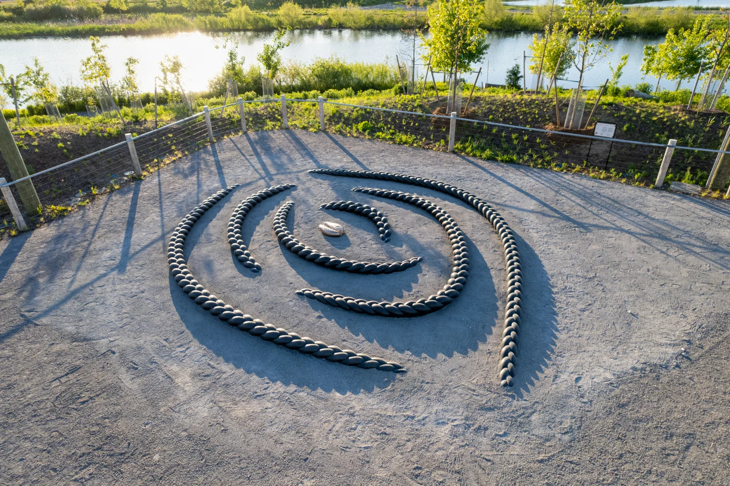 An aerial view of a coiled dark sculptural braid around a shell form