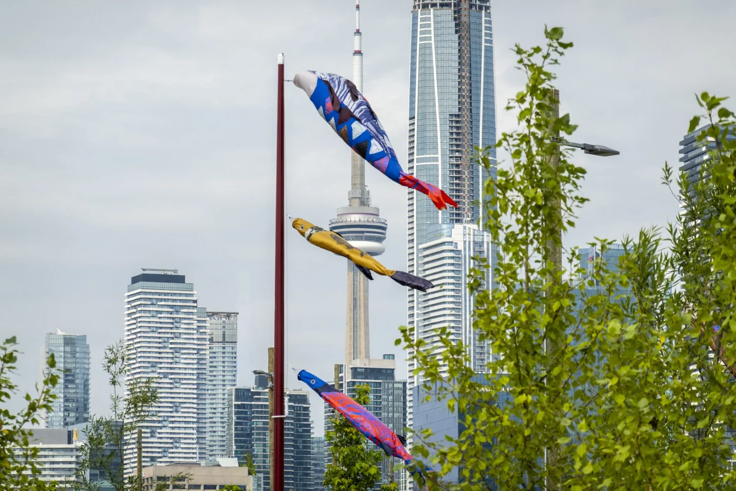 Colourful fish-shaped windsocks fly on tall poles with Toronto behind them