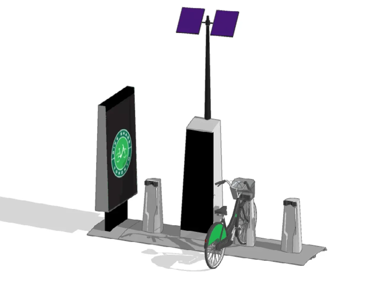 Official illustration of a Bike Share station with kiosk, docking points and a docked bicycle