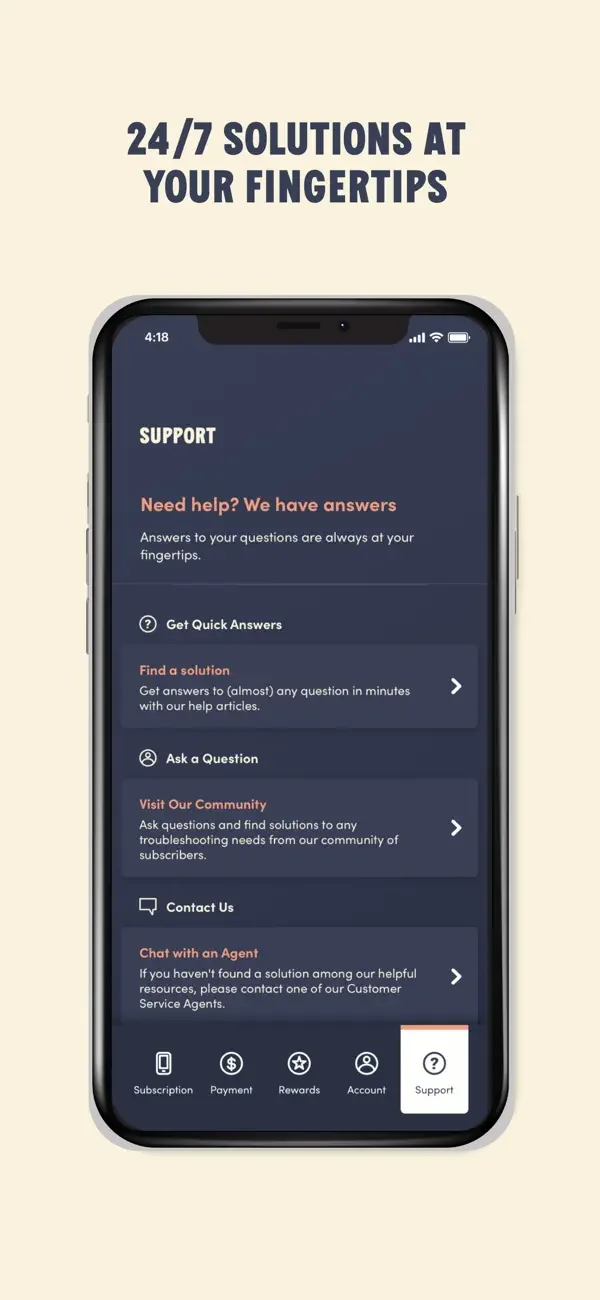 Public Mobile’s official app example displays its Support screen with help choices