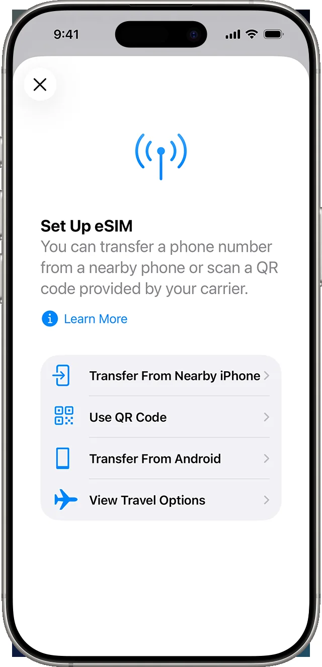 Apple’s Set Up eSIM screen offers device transfer, QR code and other choices