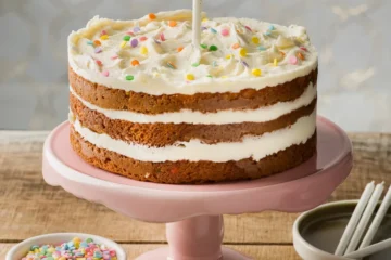 A La Rocca confetti cake on a pink stand with a candle and a bowl of sprinkles