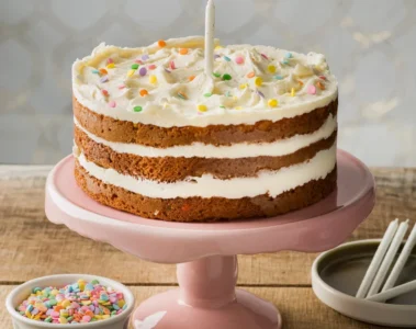 A La Rocca confetti cake on a pink stand with a candle and a bowl of sprinkles