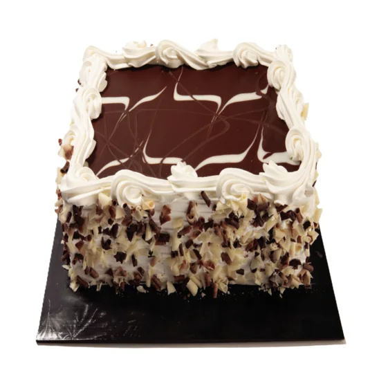 Longo’s rectangular chocolate-and-vanilla Tuxedo cake with a chocolate top