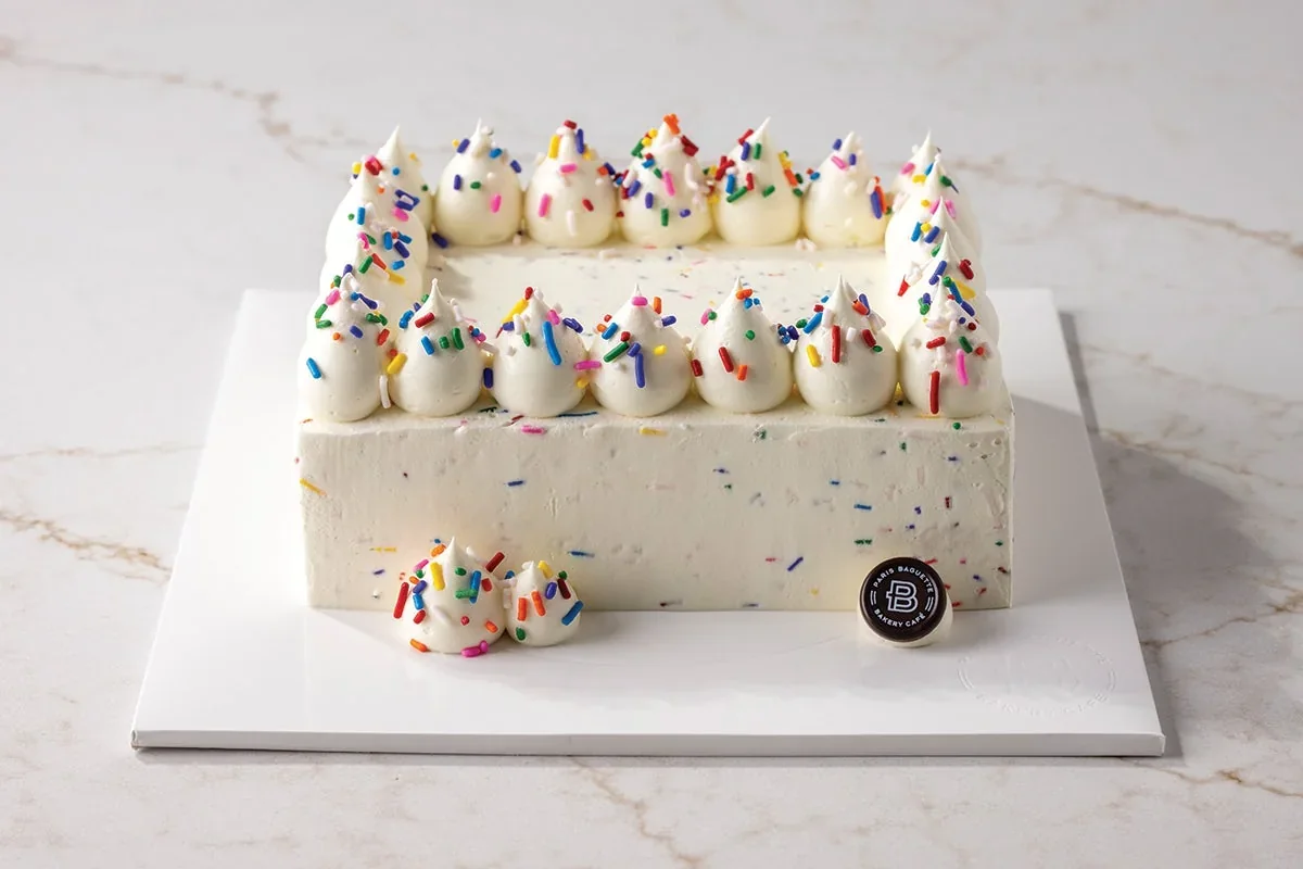 Paris Baguette’s white Celebration Party Cake with rainbow sprinkles