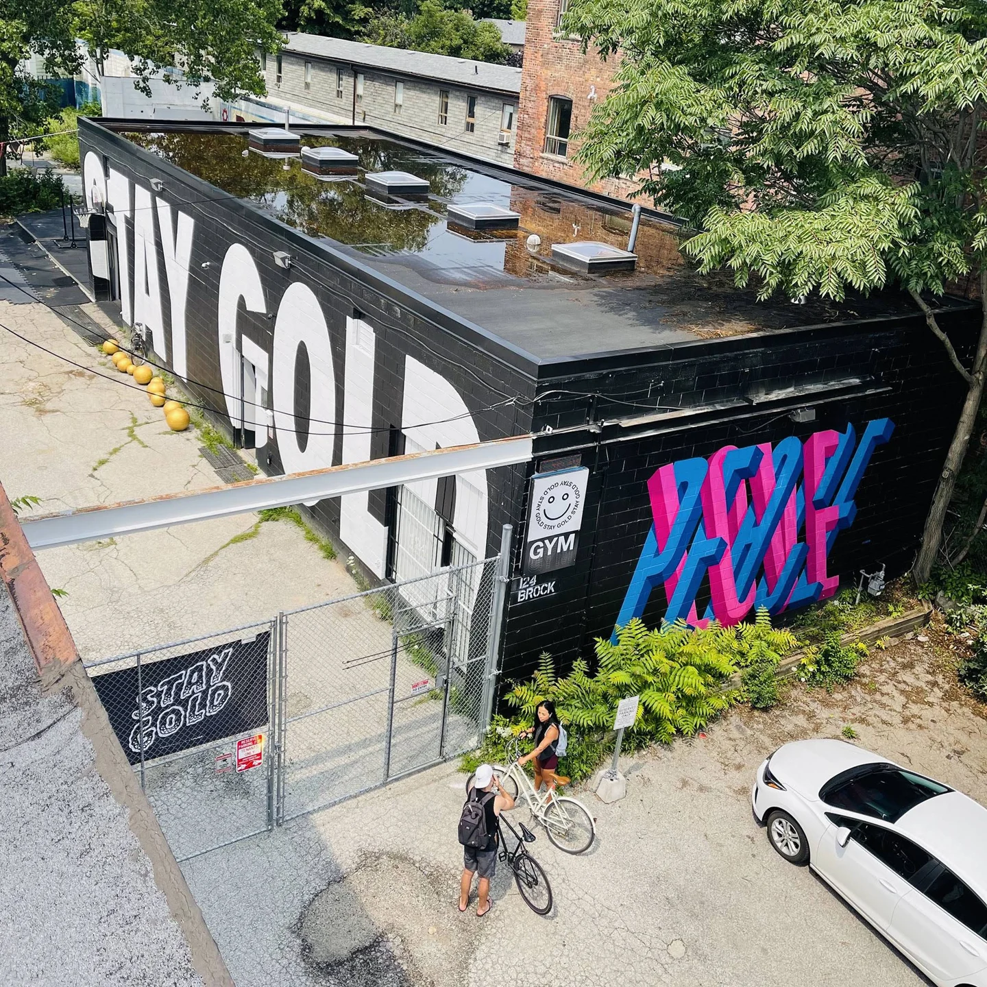 Stay Gold’s black gym building and outdoor lot at 124 Brock Avenue