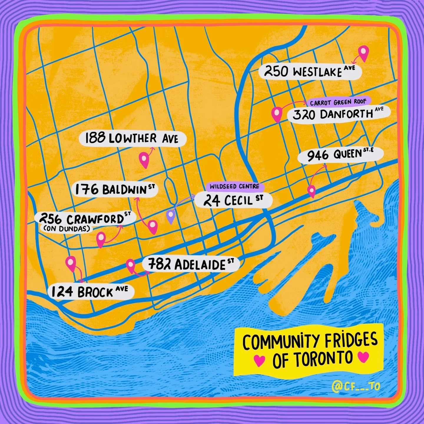 CFTO’s illustrated map marks nine fridge addresses from Brock Avenue to Westlake Avenue