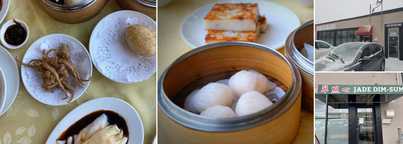 Jade Dim Sum’s storefront and dishes in a listing montage