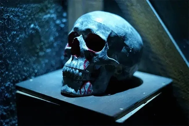 A skull prop and dark shelving in Crypto’s Kilgore Cabin