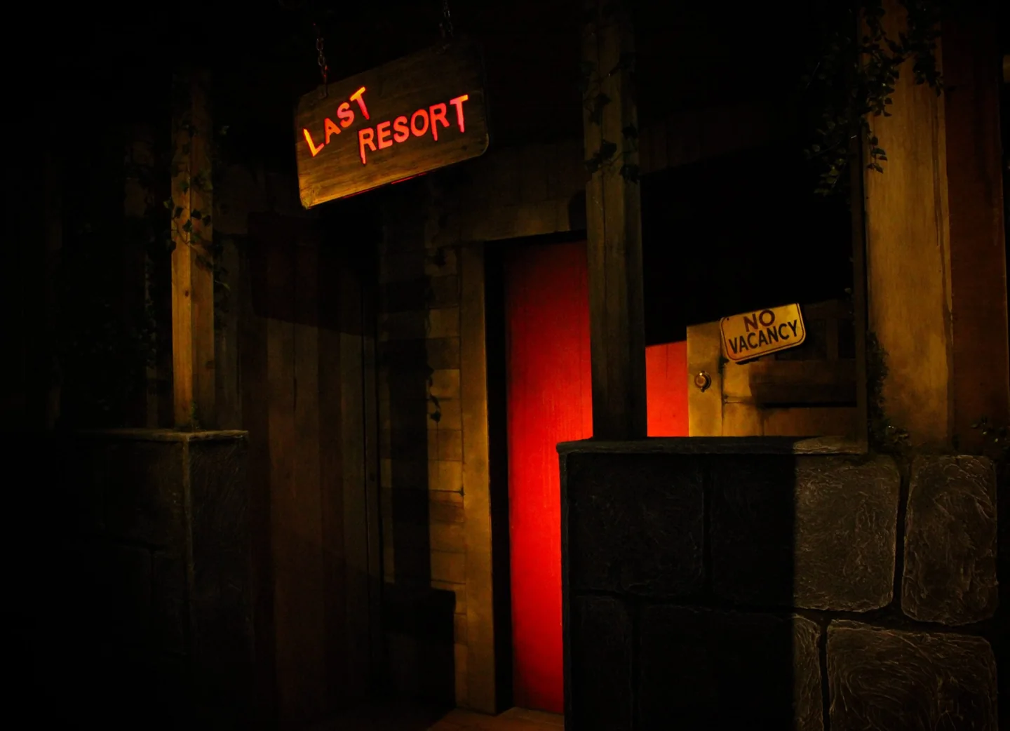 The illuminated Last Resort entrance at Escape Games Canada