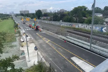 New platforms and painted bus lanes near Tara Avenue during August 2026 construction