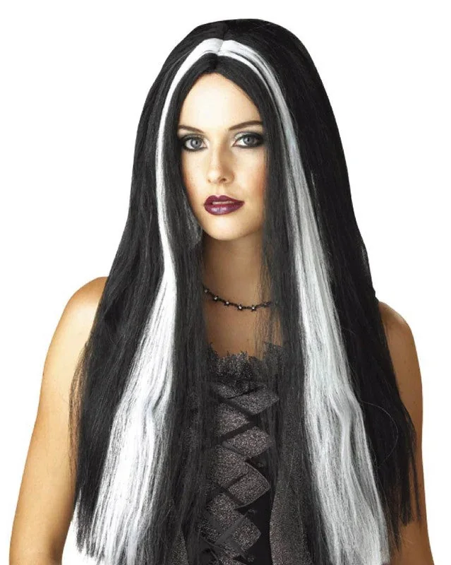 Product photograph showing witch wig black and white streaked.