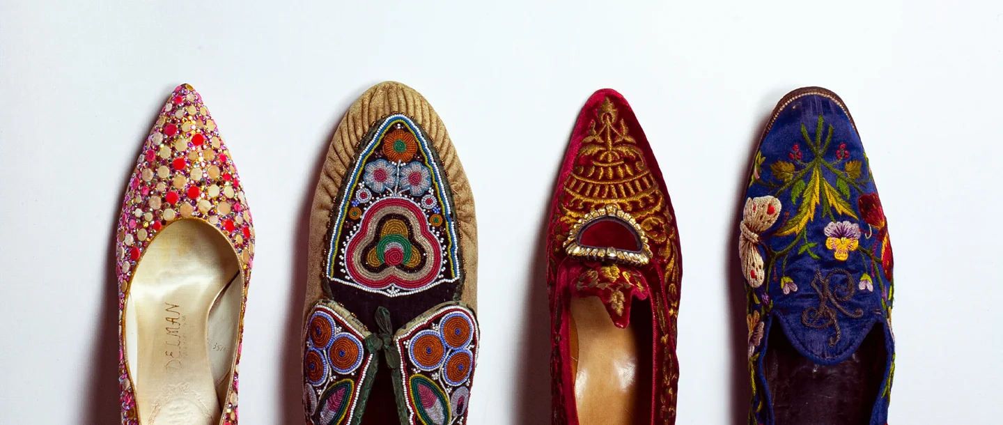 Four embroidered shoes in the Bata Shoe Museum collection