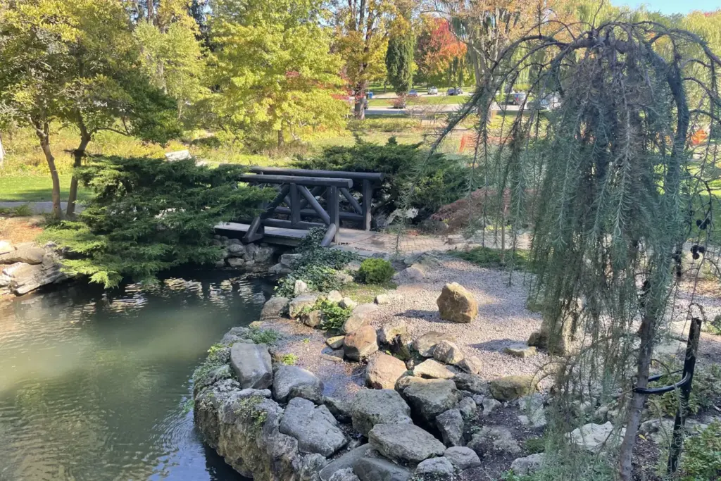 Pond, bridge and autumn trees at James Gardens