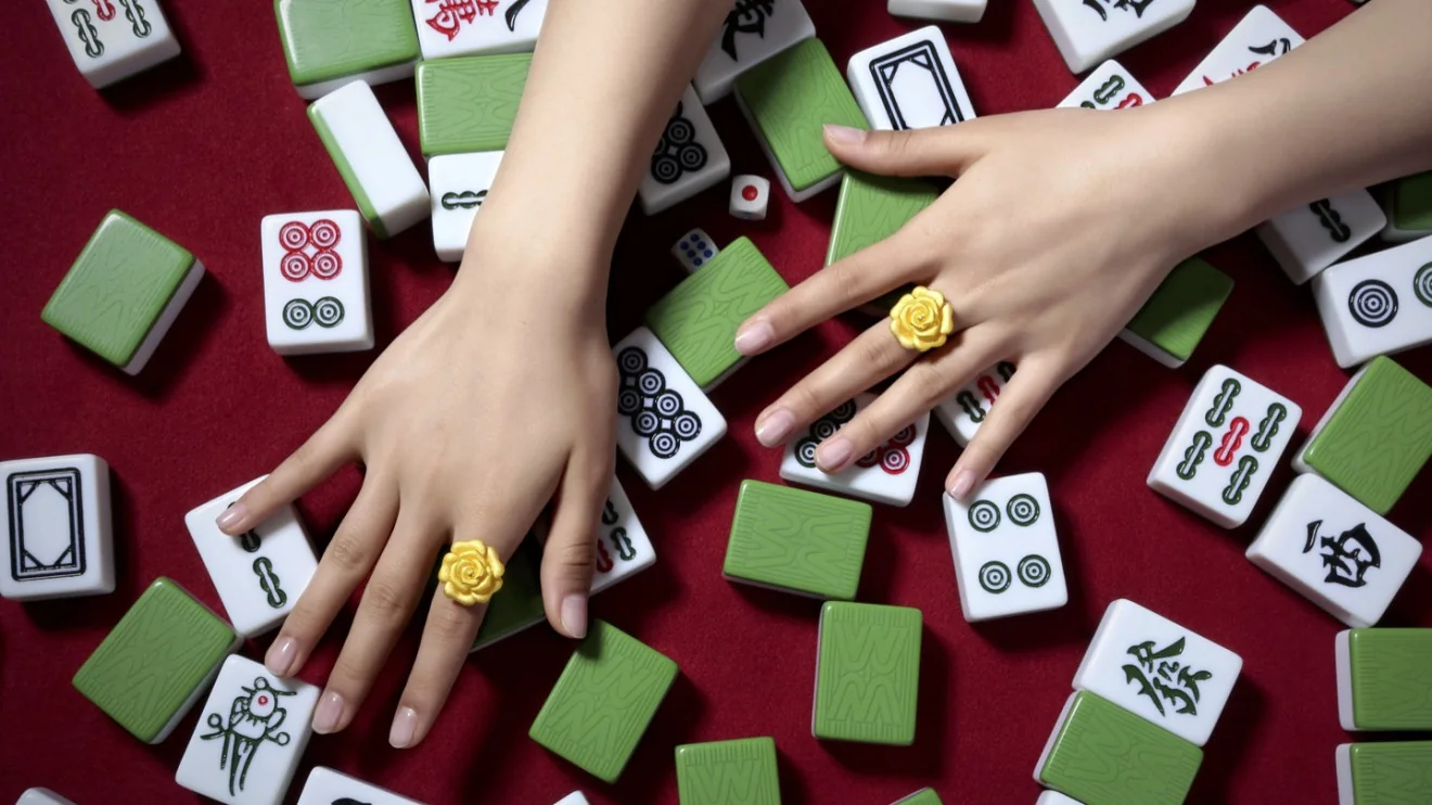Hands arranging mahjong tiles on a table