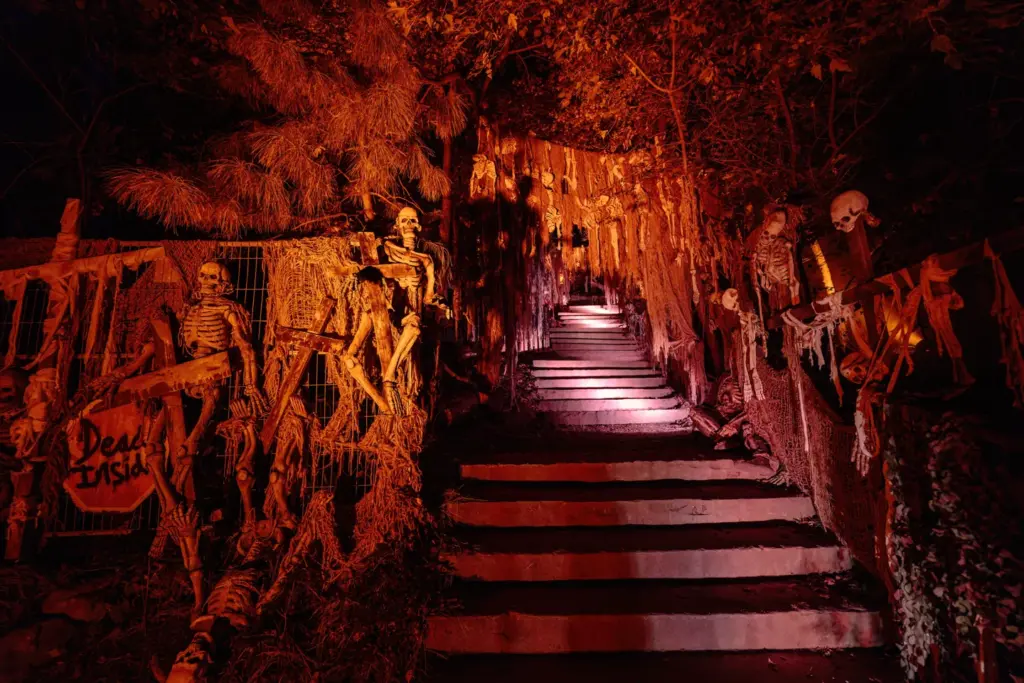 Outdoor stairs on a decorated Legends of Horror route