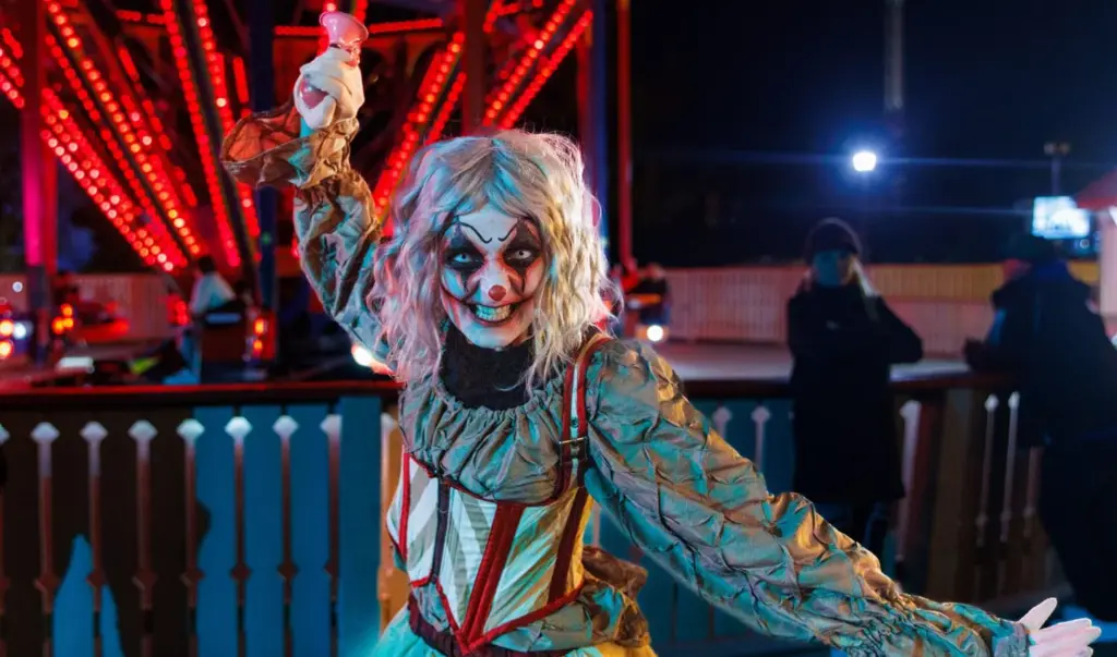 A clown performer at Wonderland after dark
