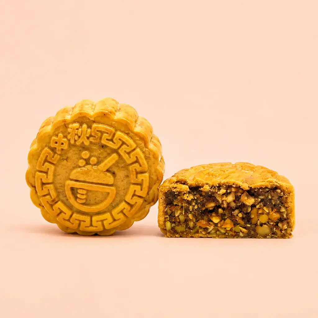 Mixed-nut filling inside a cut Daan Go mooncake