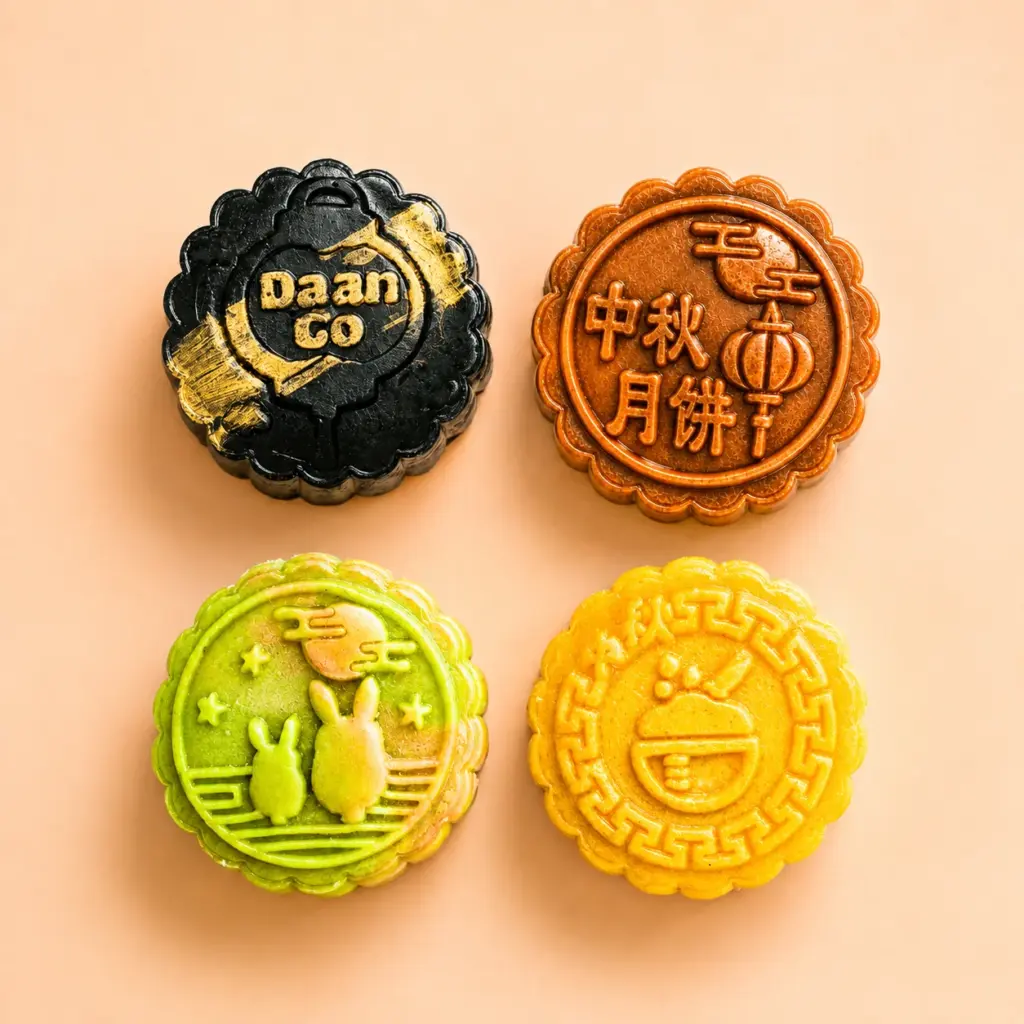 Four coloured mooncakes seen from above