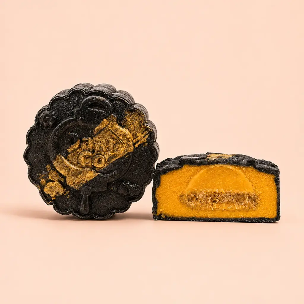 Snow-skin salted-yolk mooncake cut to show its soft centre
