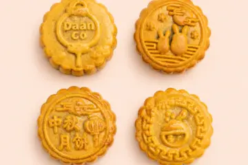 Four baked Daan Go mooncakes seen from above
