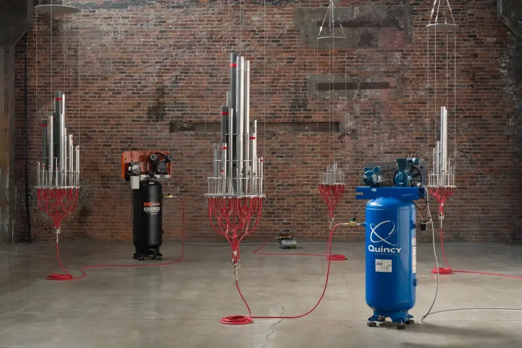 Organ pipes connected to air compressors in Simile Aria
