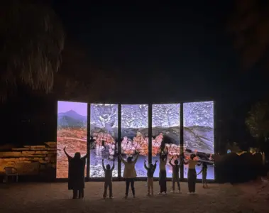 Visitors standing before illuminated panels showing water and landscapes
