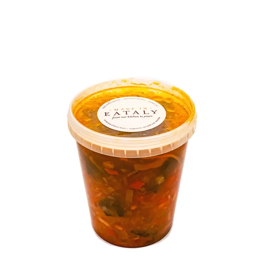 A clear tub of Eataly vegetable soup