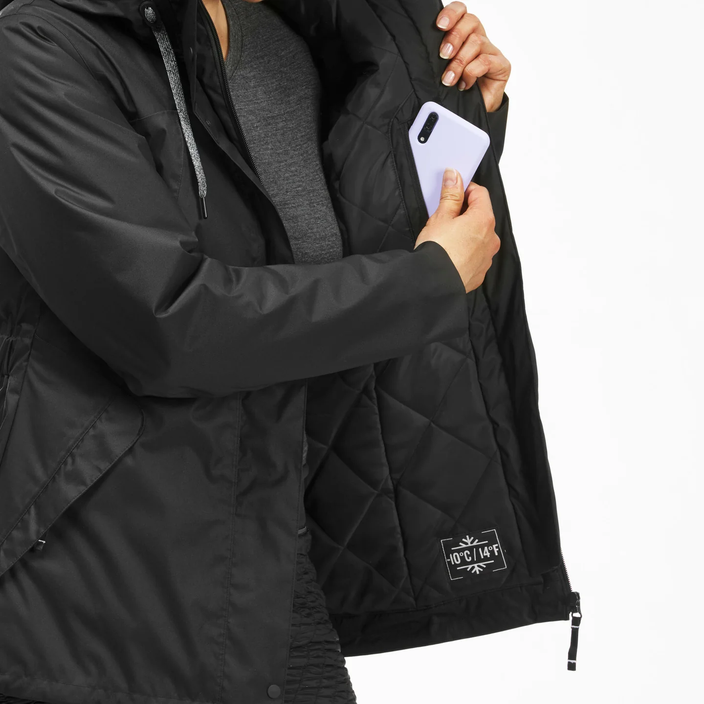 Inside pocket and quilted lining of a winter jacket