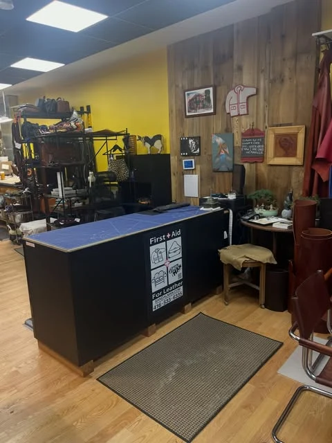 The Sandalman counter and leather workshop