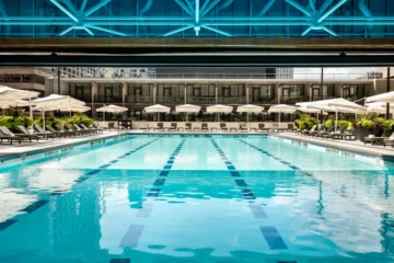 The indoor and outdoor sections of Sheraton Centre Toronto’s swimming pool