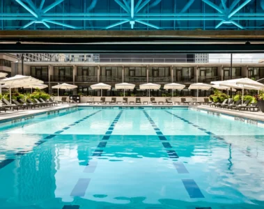 The indoor and outdoor sections of Sheraton Centre Toronto’s swimming pool