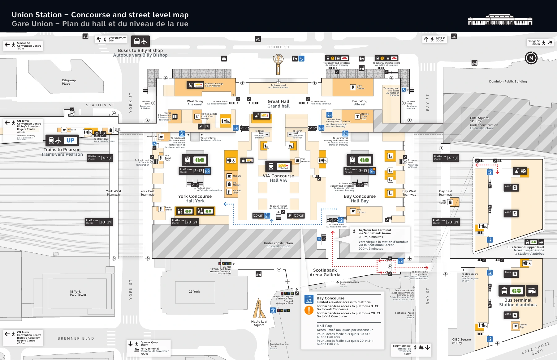 Metrolinx’s Union Station map shows the Great Hall, VIA Concourse, SkyWalk, UP Express and street entrances