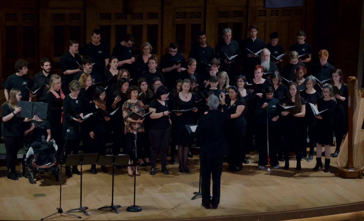 VIVA Community Choir and Every Voice Matters Chorus perform on stage with a conductor