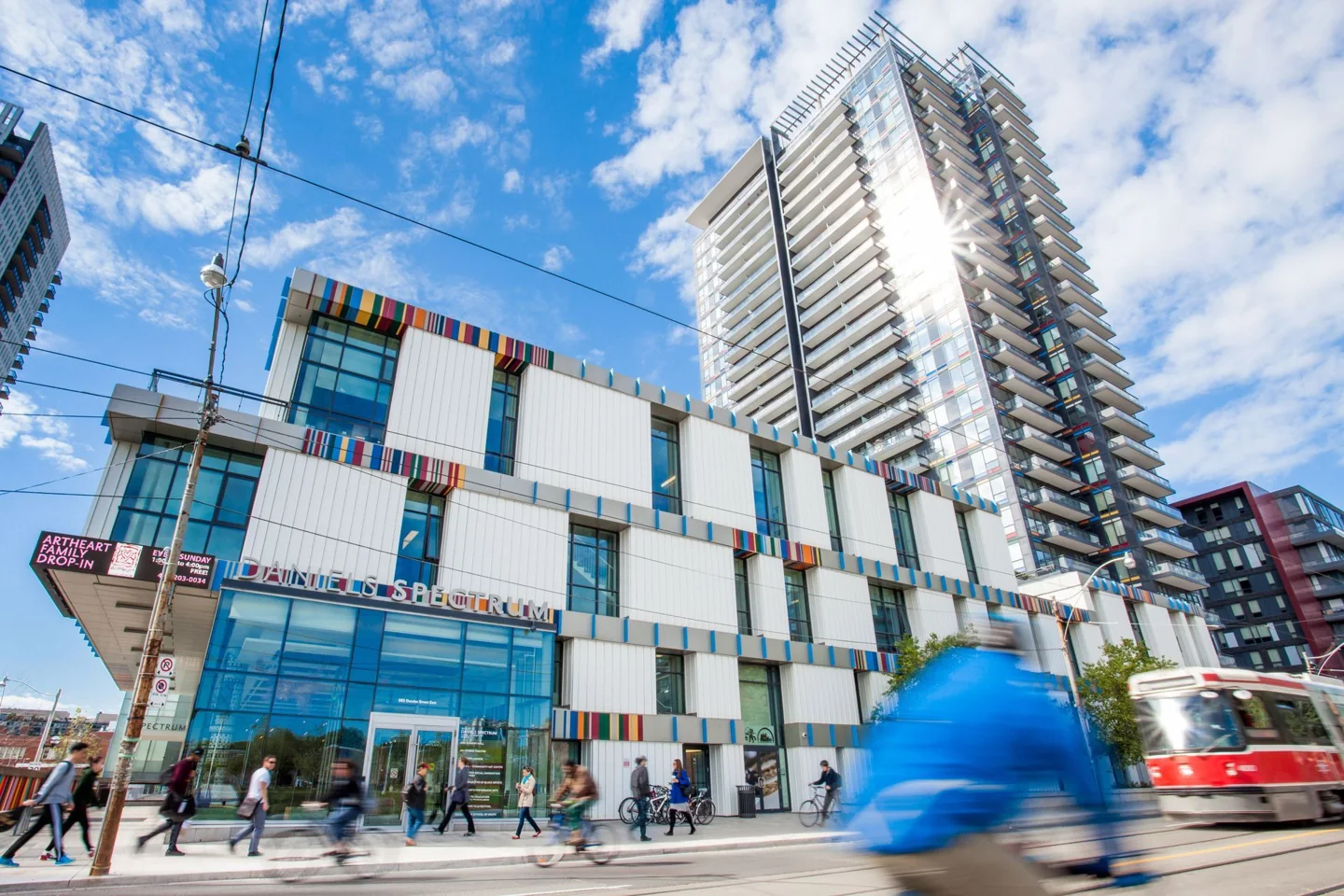 Daniels Spectrum’s colourful exterior at Dundas Street East