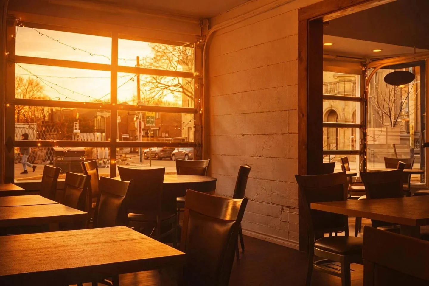 Wooden tables and seating beside a window at Hume