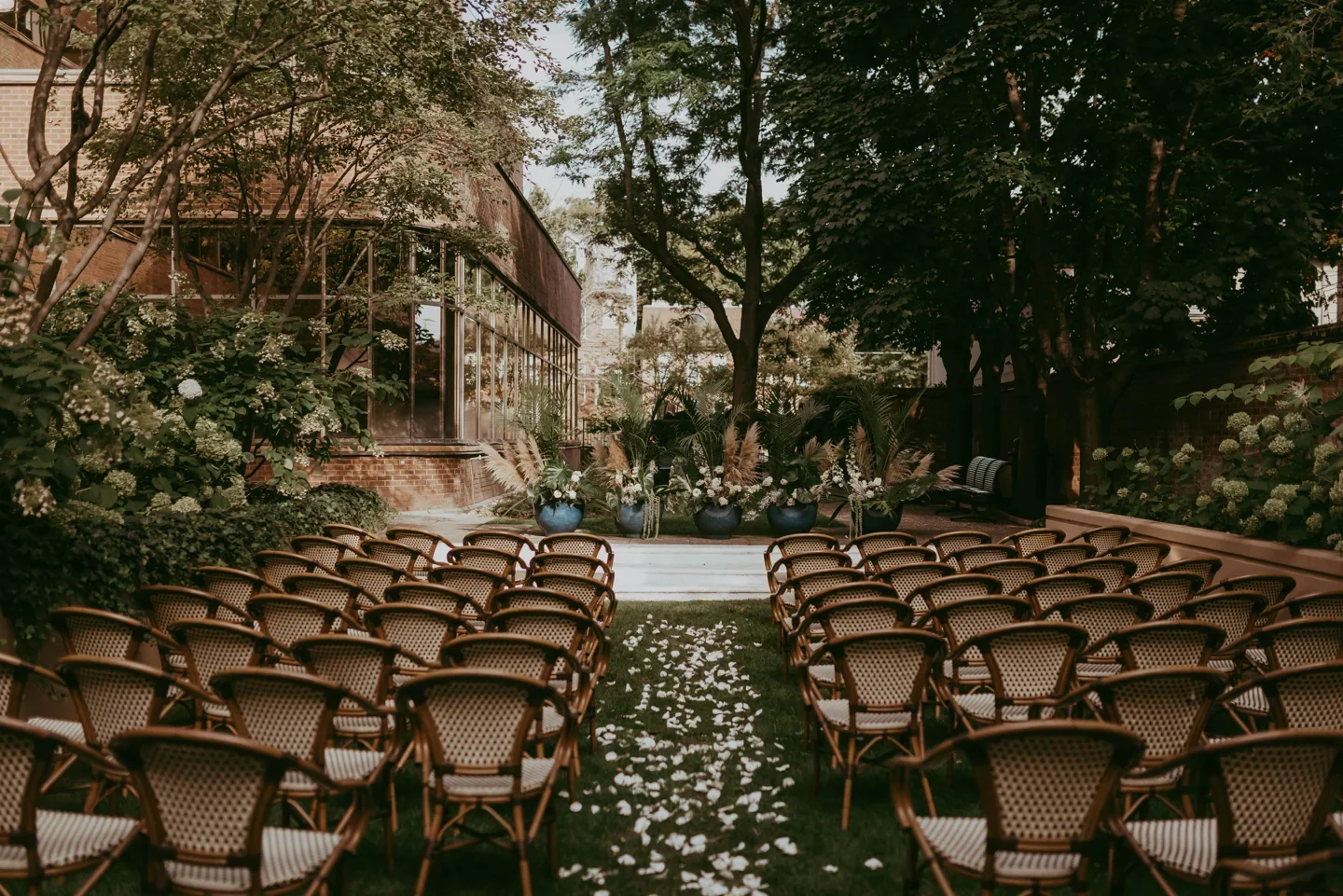 Rows of chairs set for a ceremony in Granite Brewery’s courtyard