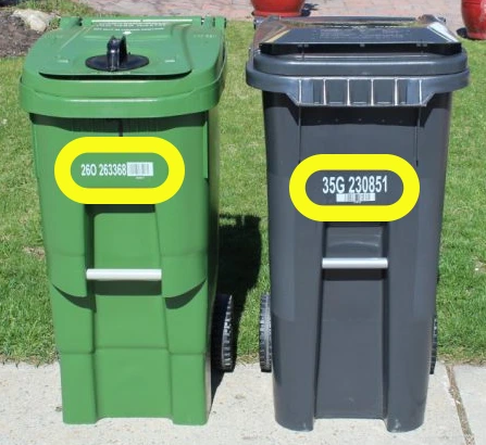 City photograph of green and garbage bins with their serial numbers circled