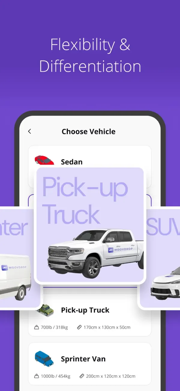 MoovDrop’s App Store illustration shows vehicle choices and loading dimensions