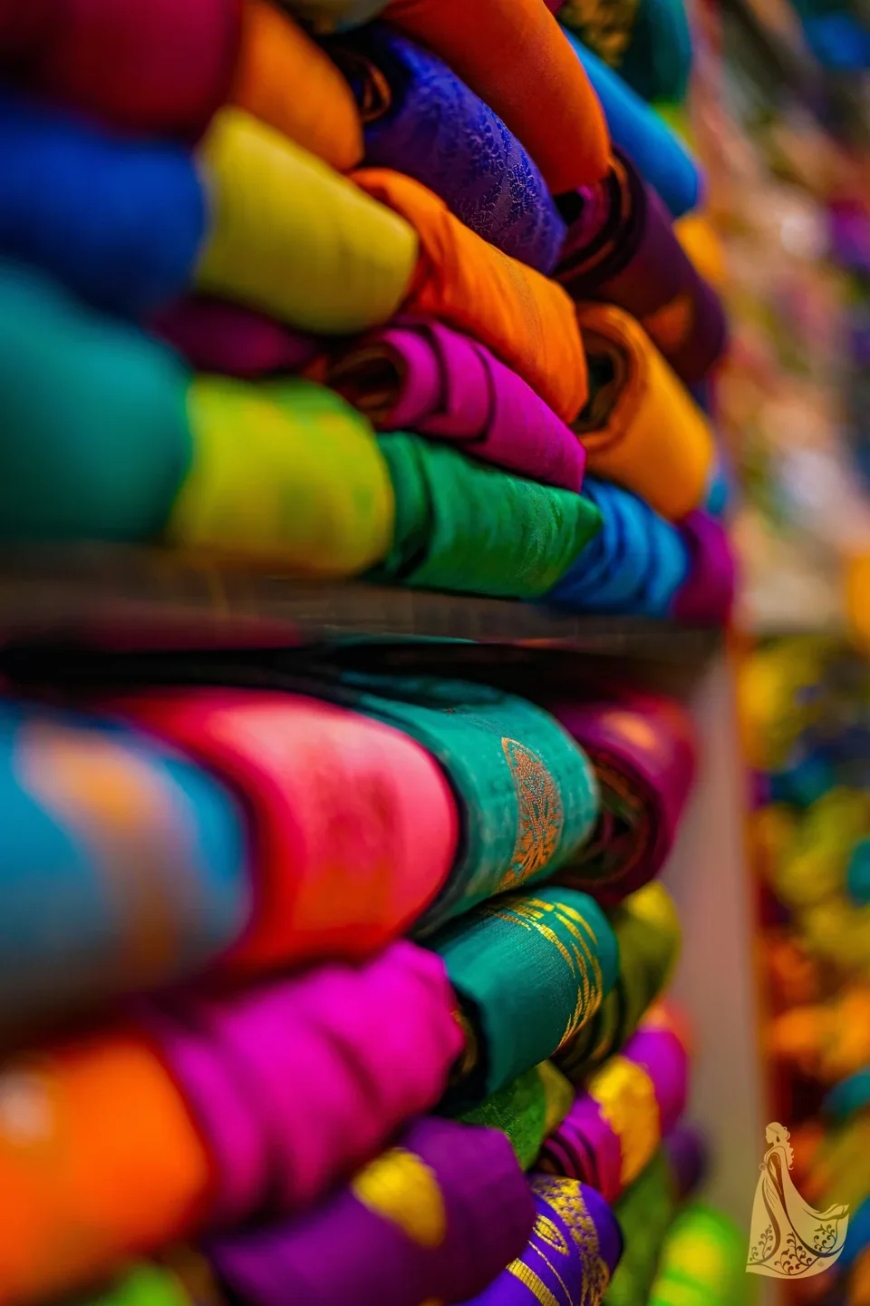 Colourful folded fabrics in Aksyas’ website photograph